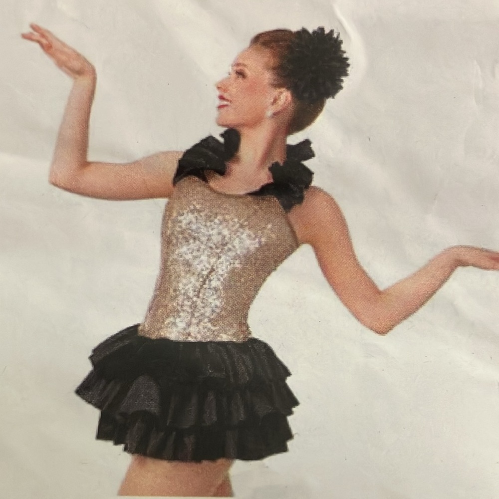 Curtain Call Costumes | Gold Sequin & Black Ruffled Satin Dress